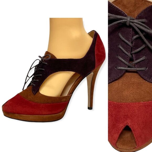 BARNEYS New York Suede Leather Colorblock Lace Up Peep Toe Heels Pumps 8.5 - Picture 1 of 16